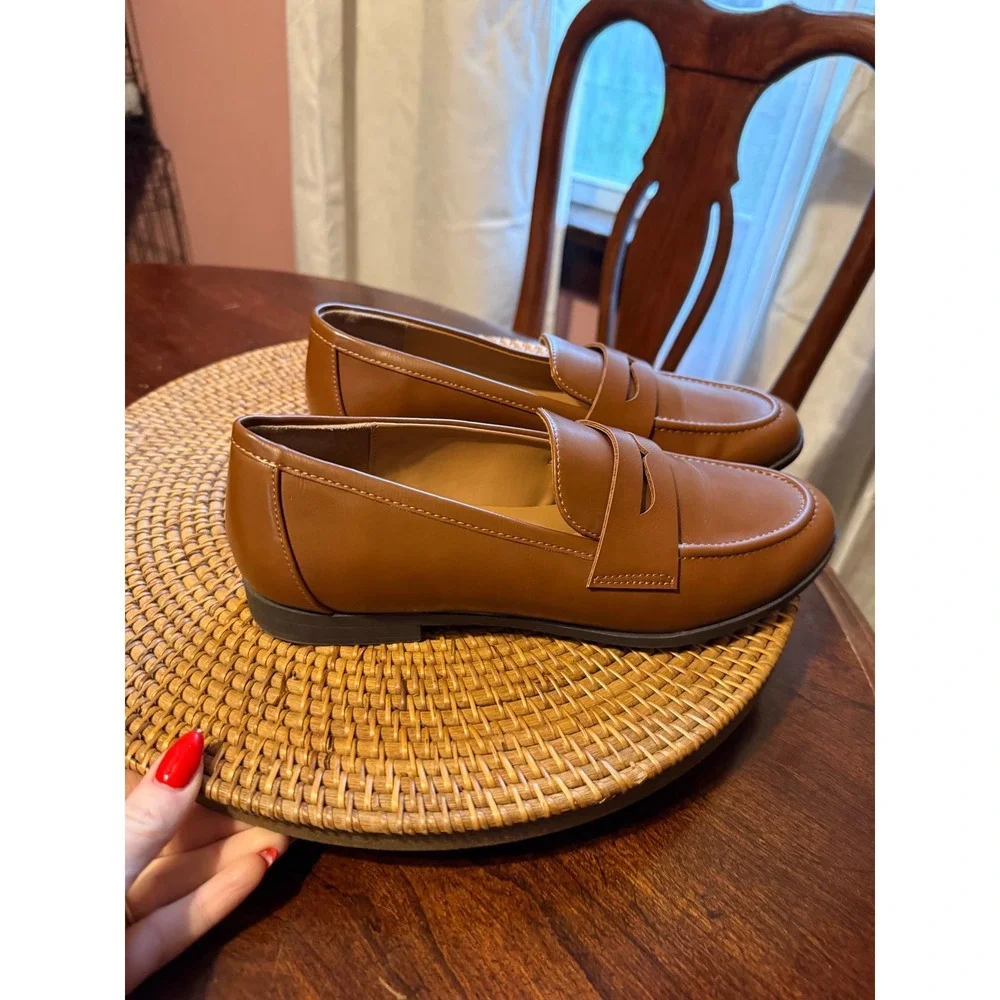 Kensie Womens Cognac Brown Faux Leather Penny Loafers Classic Slip On Flats